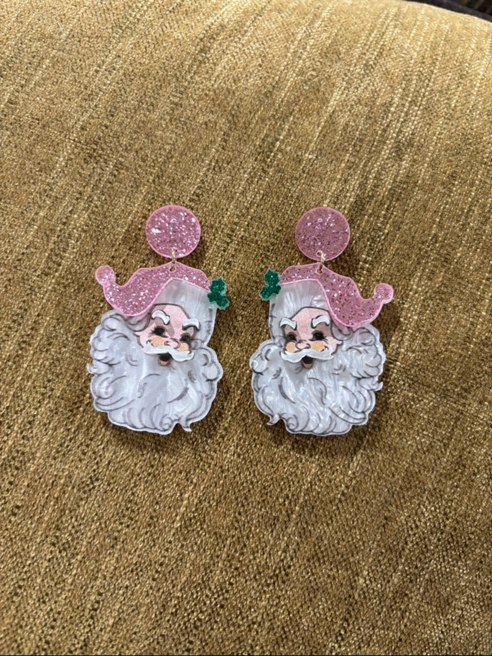 Pink glitter Santa earrings